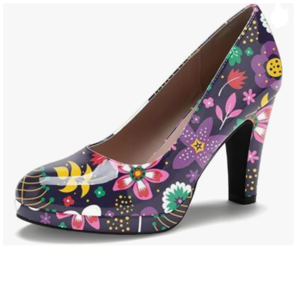 miss left Flowers Low Platform Chunky High Heel Slip On Closed Round Toe Pump